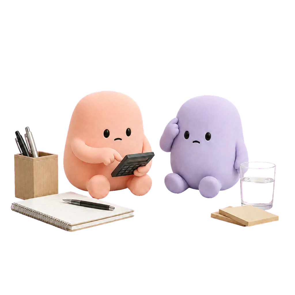 Mascota coral comprueba una calculadora mientras la lila revisa mentalmente.