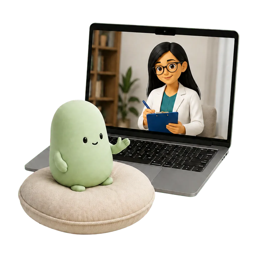 Una mascota verde conversa por videollamada con la psicóloga ilustrada desde su hogar.