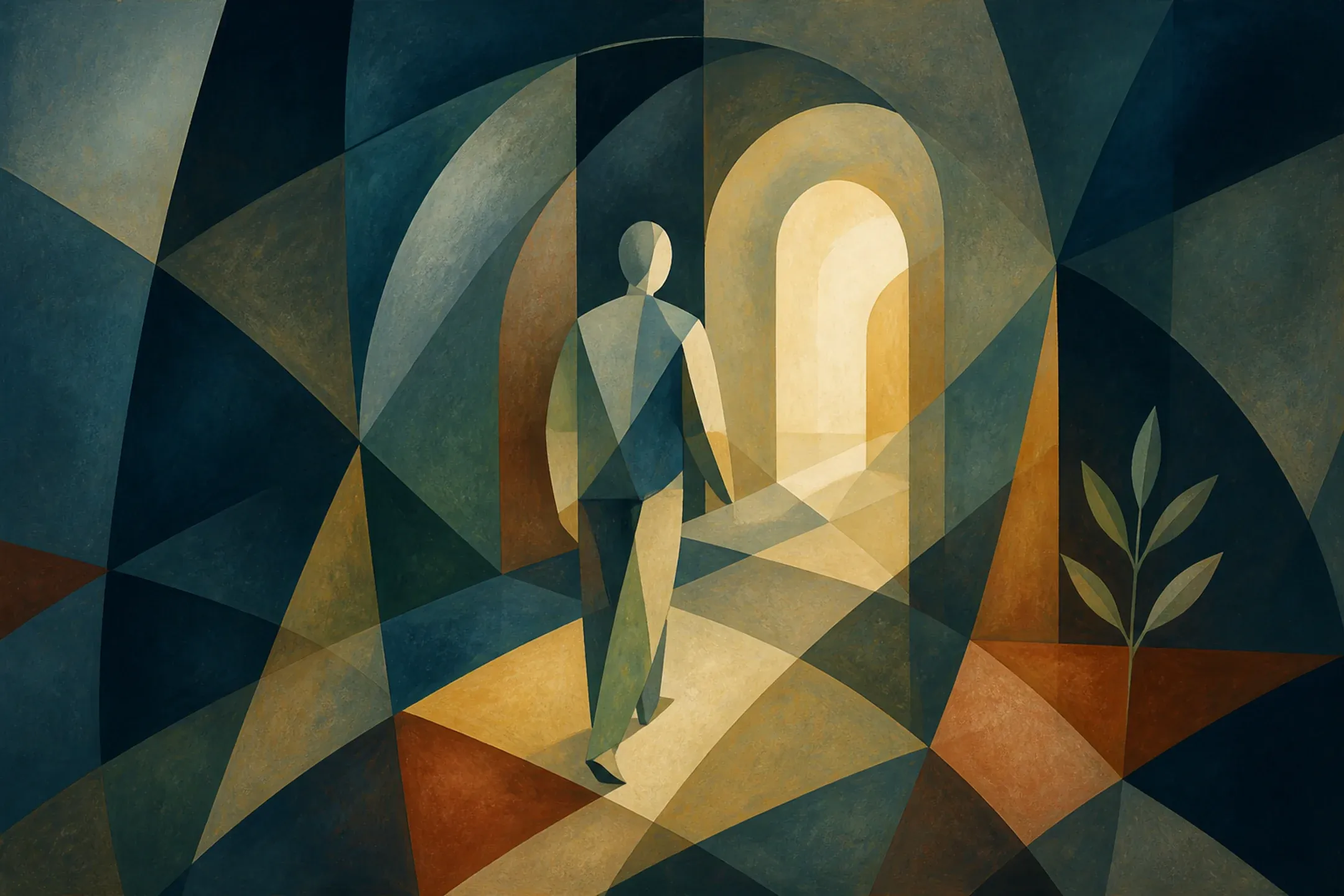 Ilustración cubista abstracta de una figura humana central frente a un arco luminoso, rodeada de planos azules, ocres y terracota que evocan ambivalencia y esperanza realista.