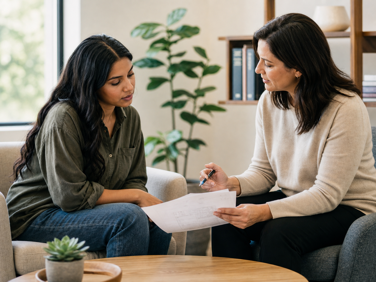 Psicoterapeuta conversa con una paciente durante una evaluación clínica