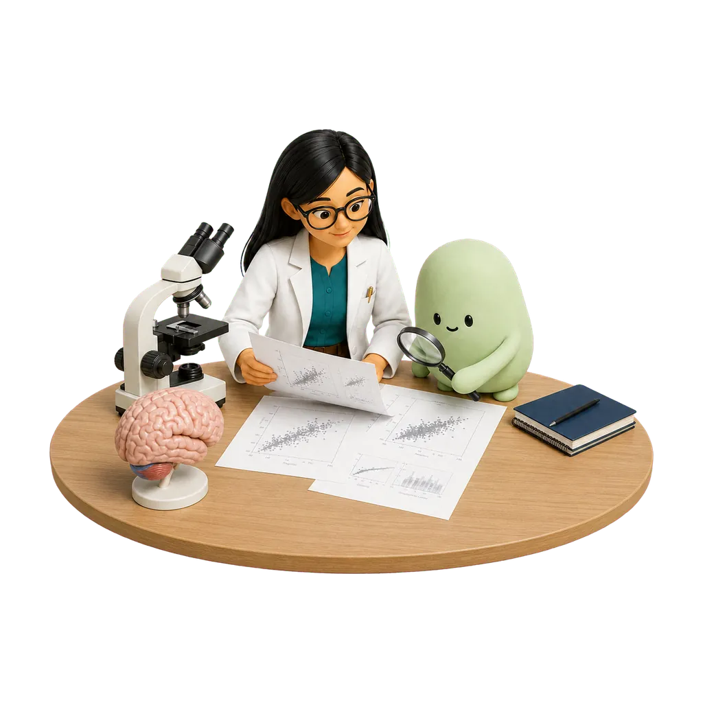La psicóloga ilustrada y una mascota verde estudian gráficos y material de investigación sobre el cerebro.