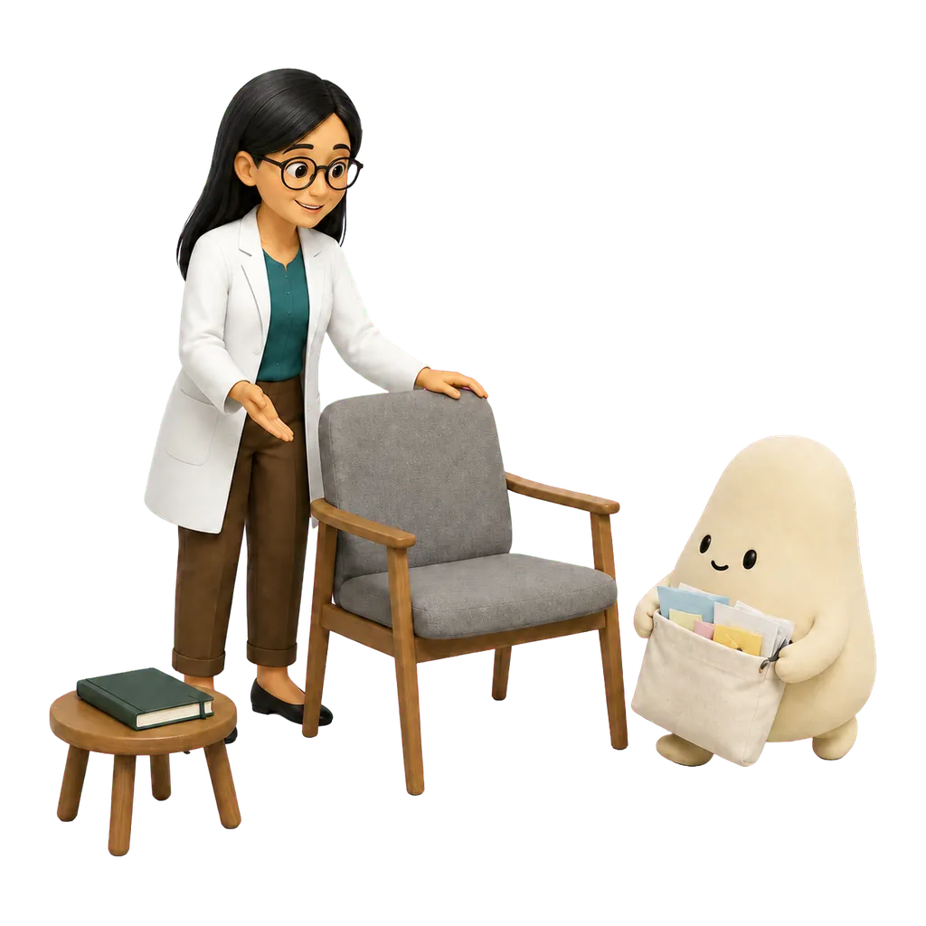 La mascota crema llega con sus notas y la psicóloga le ofrece un lugar para comenzar a conversar.