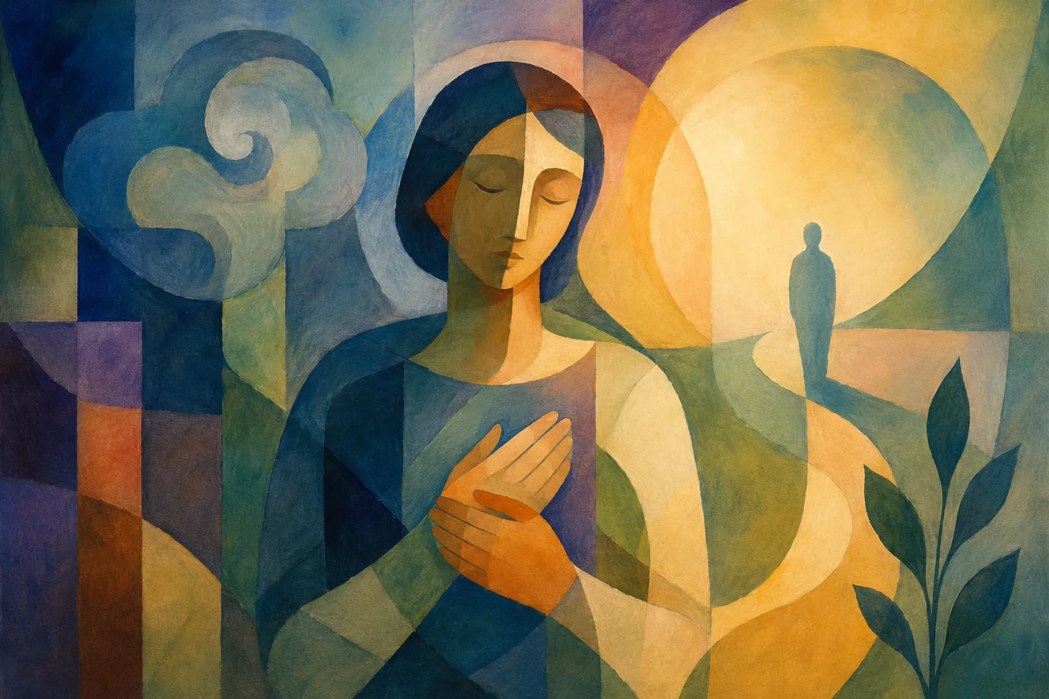 Ilustración cubista de una figura humana serena entre formas oscuras repetitivas y un arco luminoso que se abre hacia un camino.