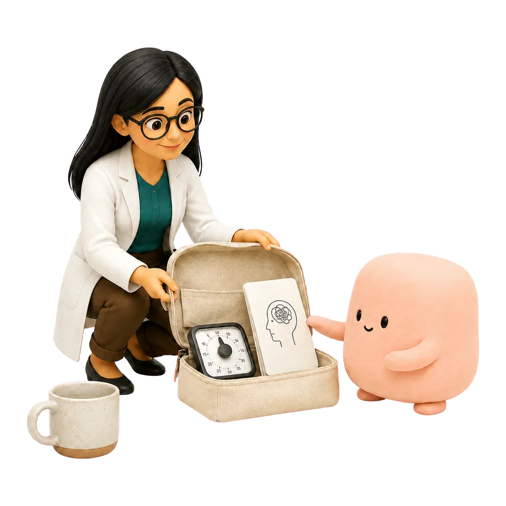 La psicóloga presenta a la mascota coral materiales para conversar sobre una posible práctica.