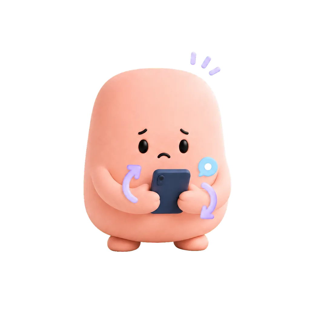 Mascota coral vuelve a revisar el celular con preocupación y flechas circulares que representan la repetición