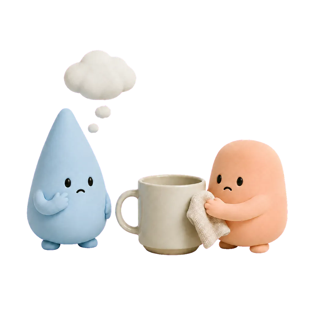 Mascota azul preocupada y mascota coral repasan la limpieza de una taza.