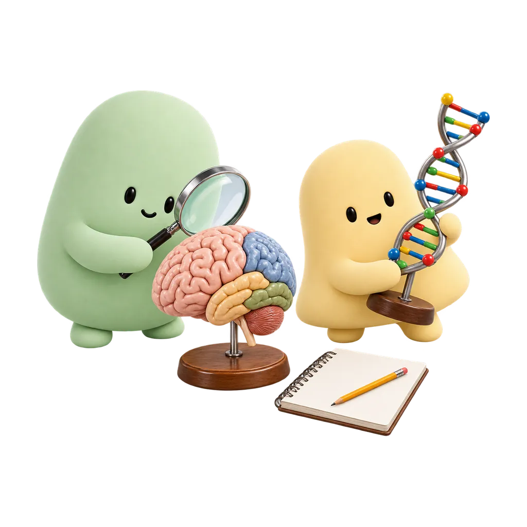 Las mascotas verde y amarilla exploran modelos del cerebro y del ADN.