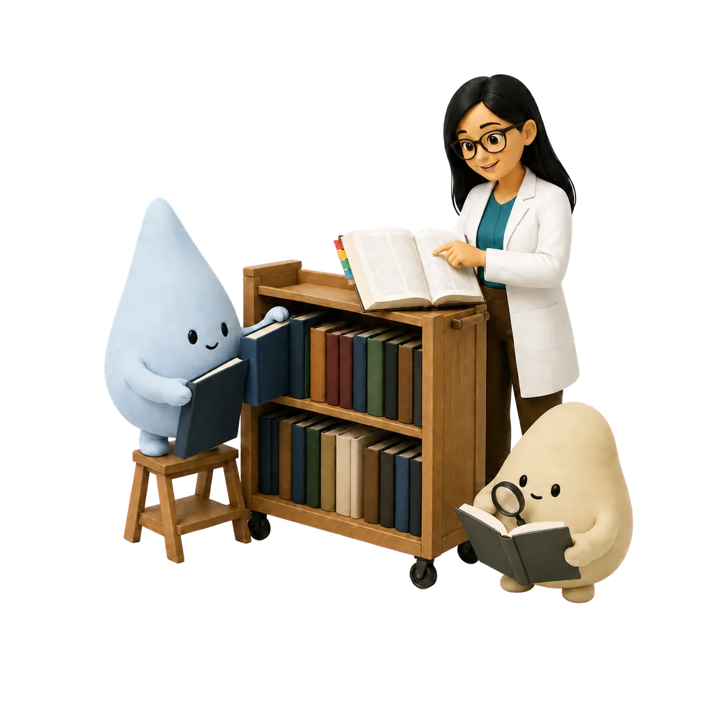 La psicóloga y las mascotas azul y crema consultan libros de la enciclopedia.