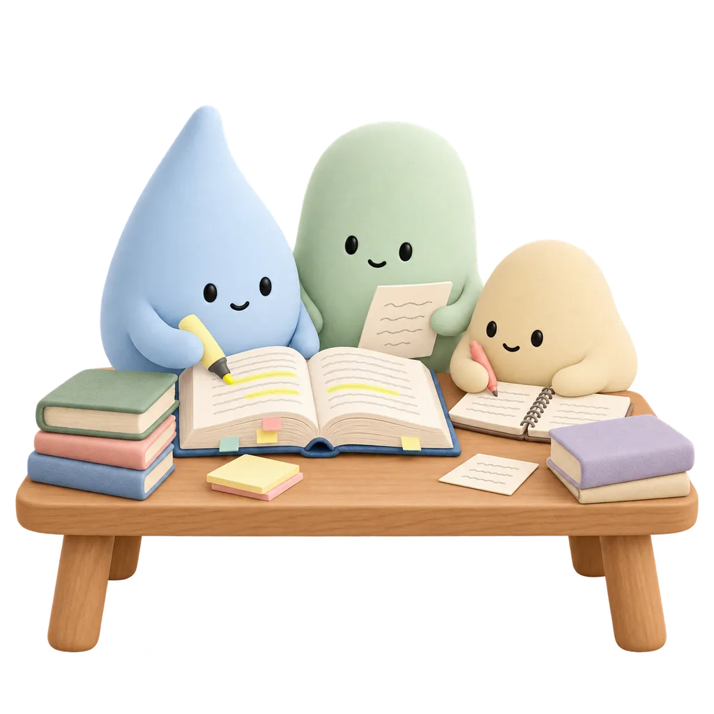Mascotas de la clínica estudian y toman notas juntas.