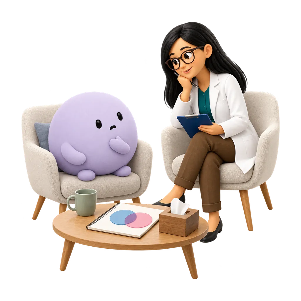 La psicóloga escucha a la mascota violeta junto a un esquema de áreas que se superponen.