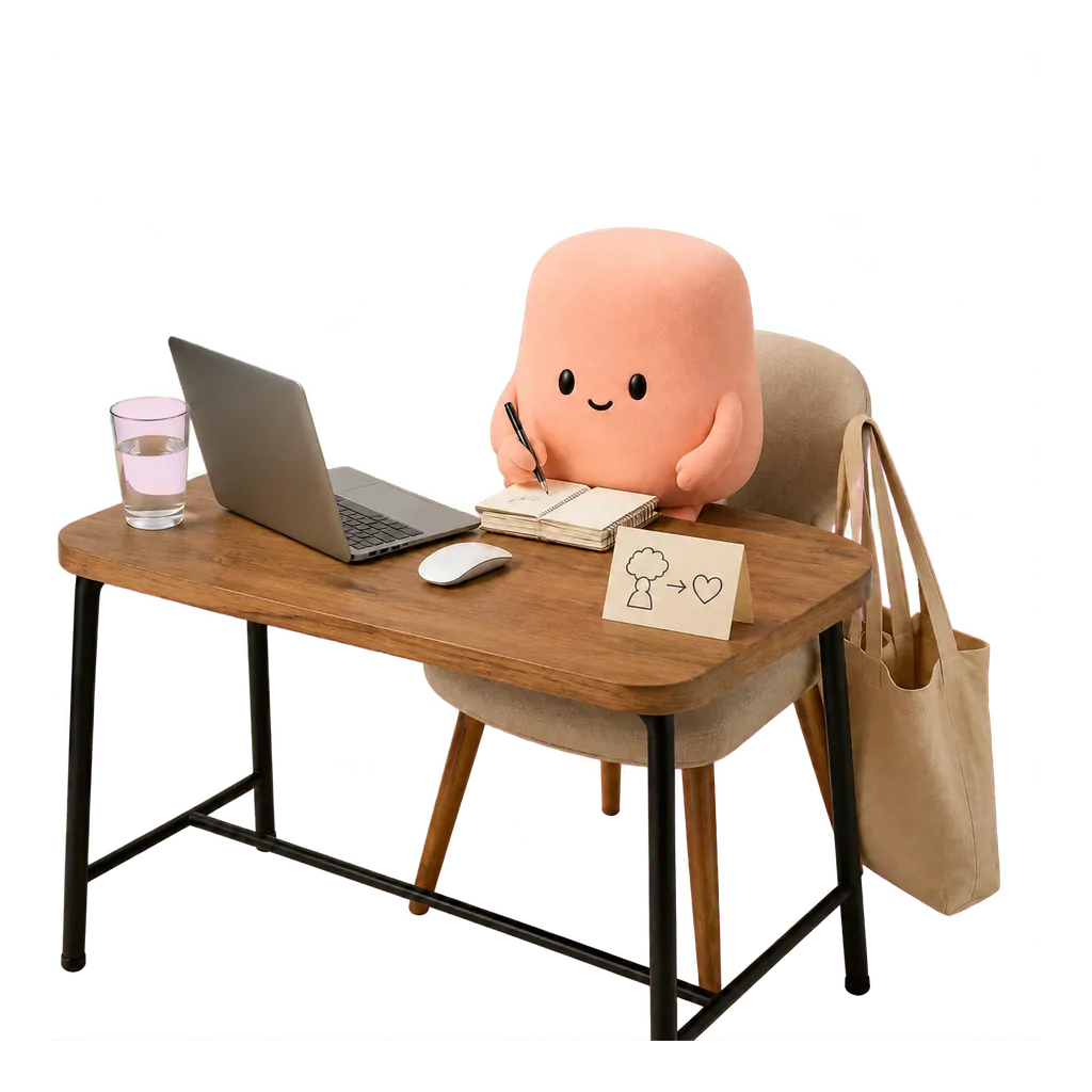 La mascota coral retoma su cuaderno después de enviar un mensaje, practicando sin volver a comprobar.