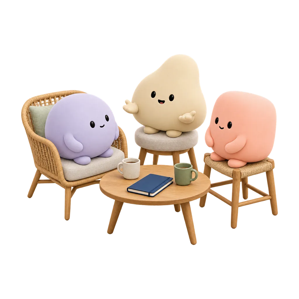 Tres mascotas conversan en un círculo de apoyo, escuchándose con respeto.