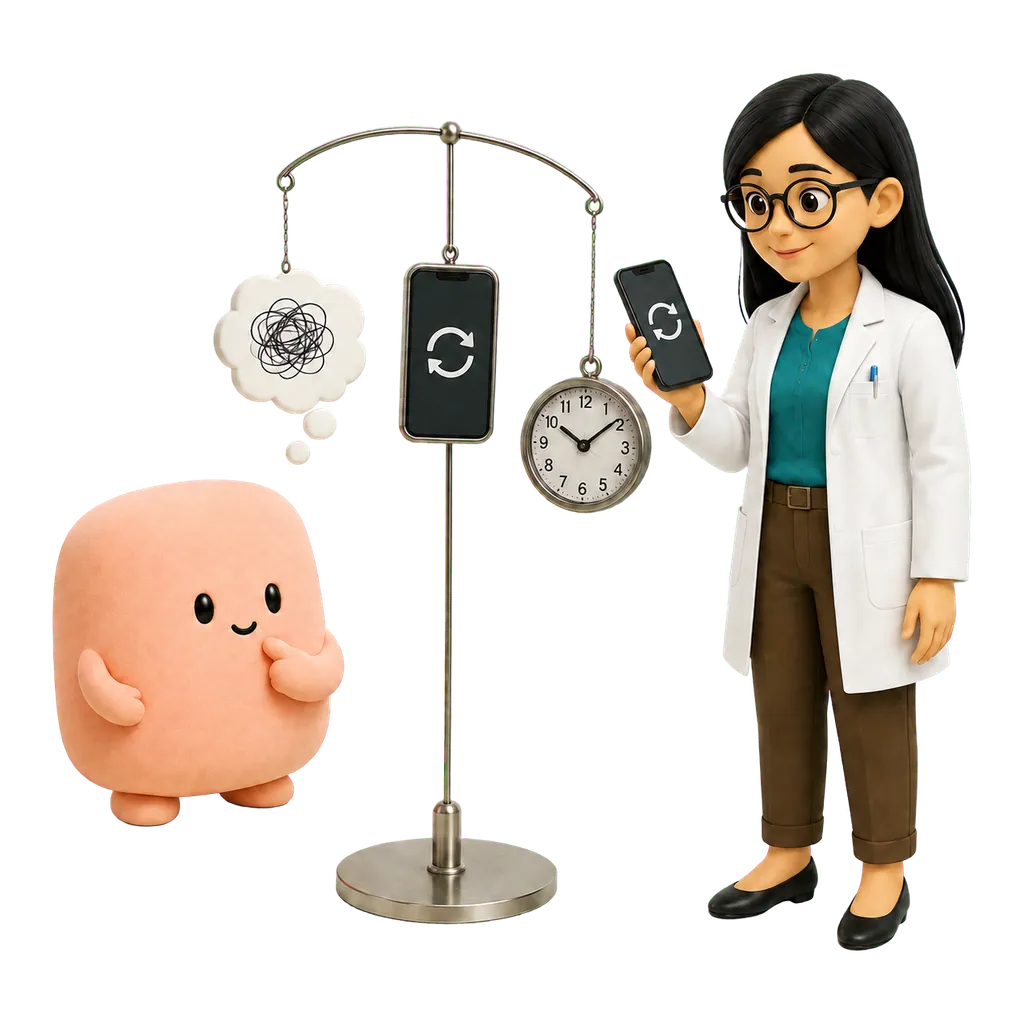 La mascota coral y la psicóloga observan la relación entre una duda, las comprobaciones y el tiempo.
