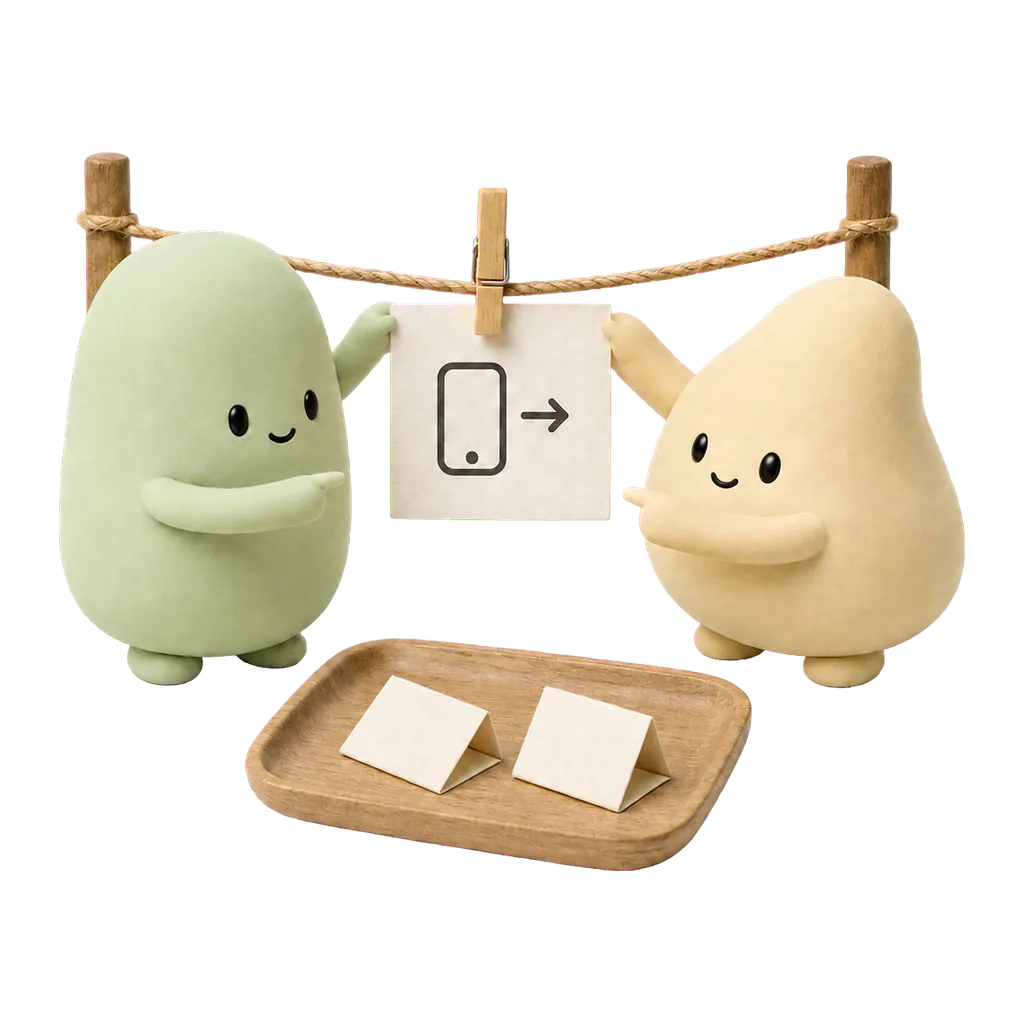 Las mascotas verde y crema preparan un único recordatorio para un acuerdo familiar.