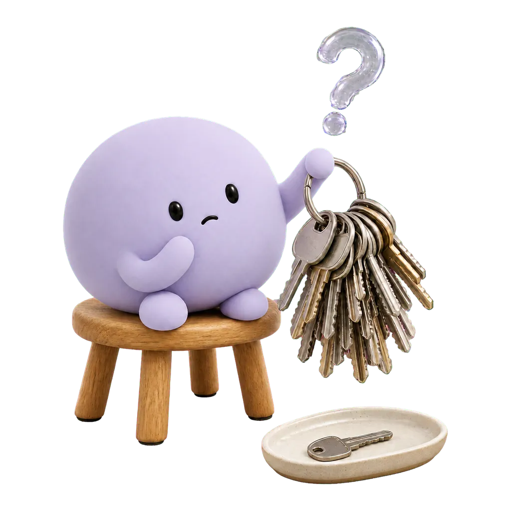 Una mascota lila observa distintas llaves junto a un signo de interrogación, como representación de la duda y la búsqueda de certeza.
