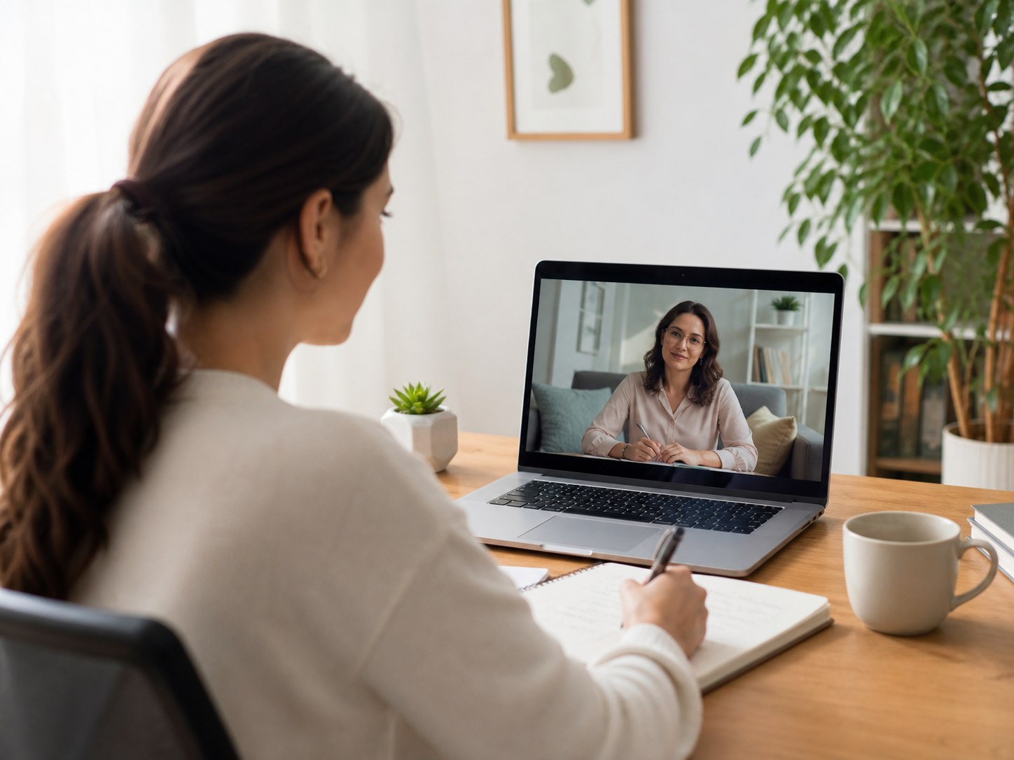 Paciente participa en una sesión de psicoterapia online desde su hogar