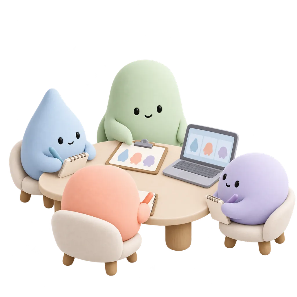 Mascota verde coordina un equipo de mascotas con notas y compañeros conectados online.