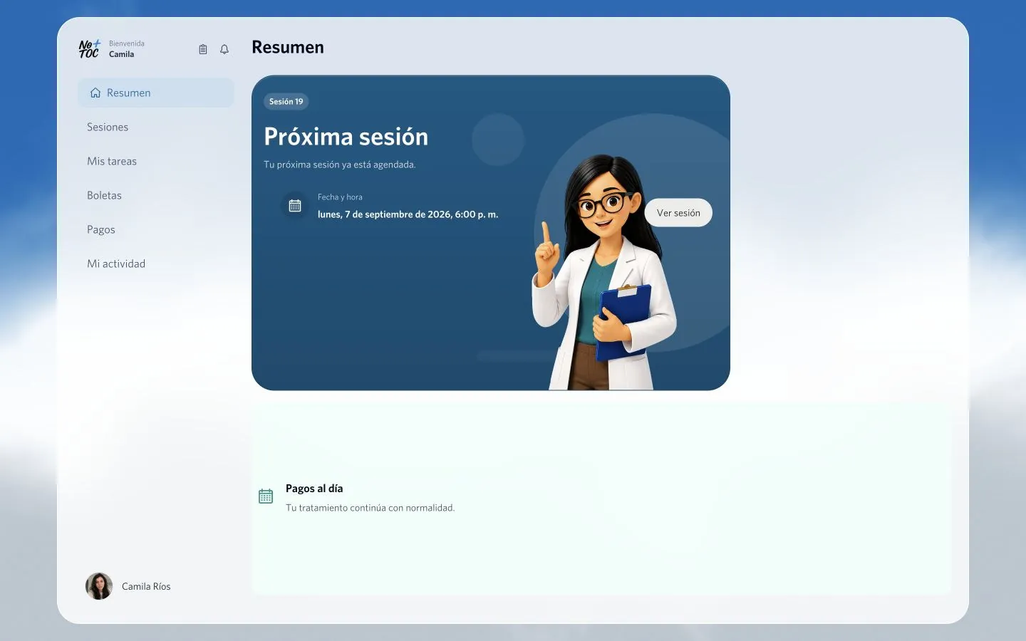 Vista demostrativa del portal de pacientes con la próxima sesión y accesos a sesiones, tareas y gestiones del tratamiento.