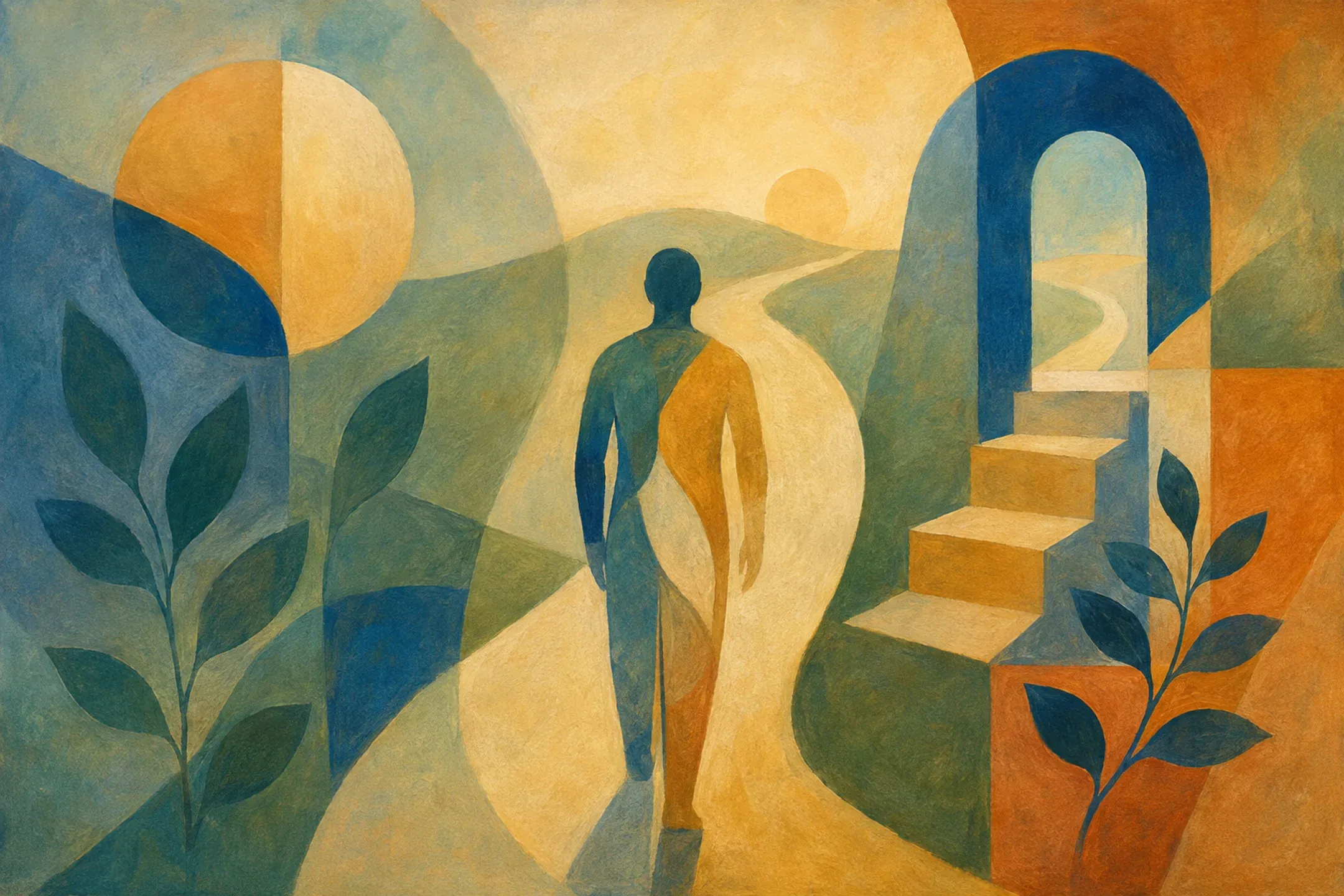 Figura humana abstracta avanza por un sendero entre formas biomórficas y un umbral luminoso, en una escena serena de práctica gradual y esperanza realista.