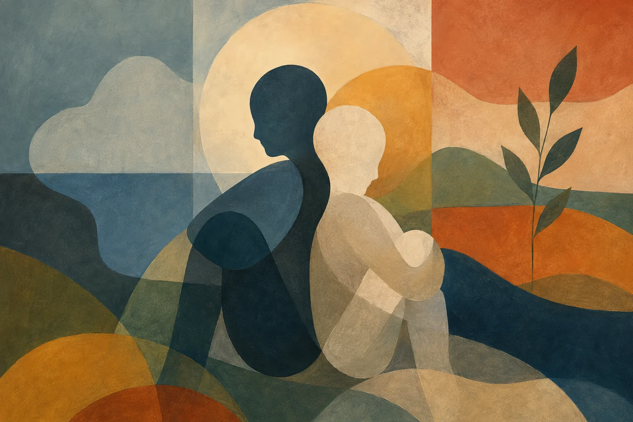 Ilustración abstracta biomórfica de dos figuras humanas sin rostro, sentadas juntas entre formas curvas, un círculo luminoso y una planta, en tonos azul petróleo, terracota y crema.