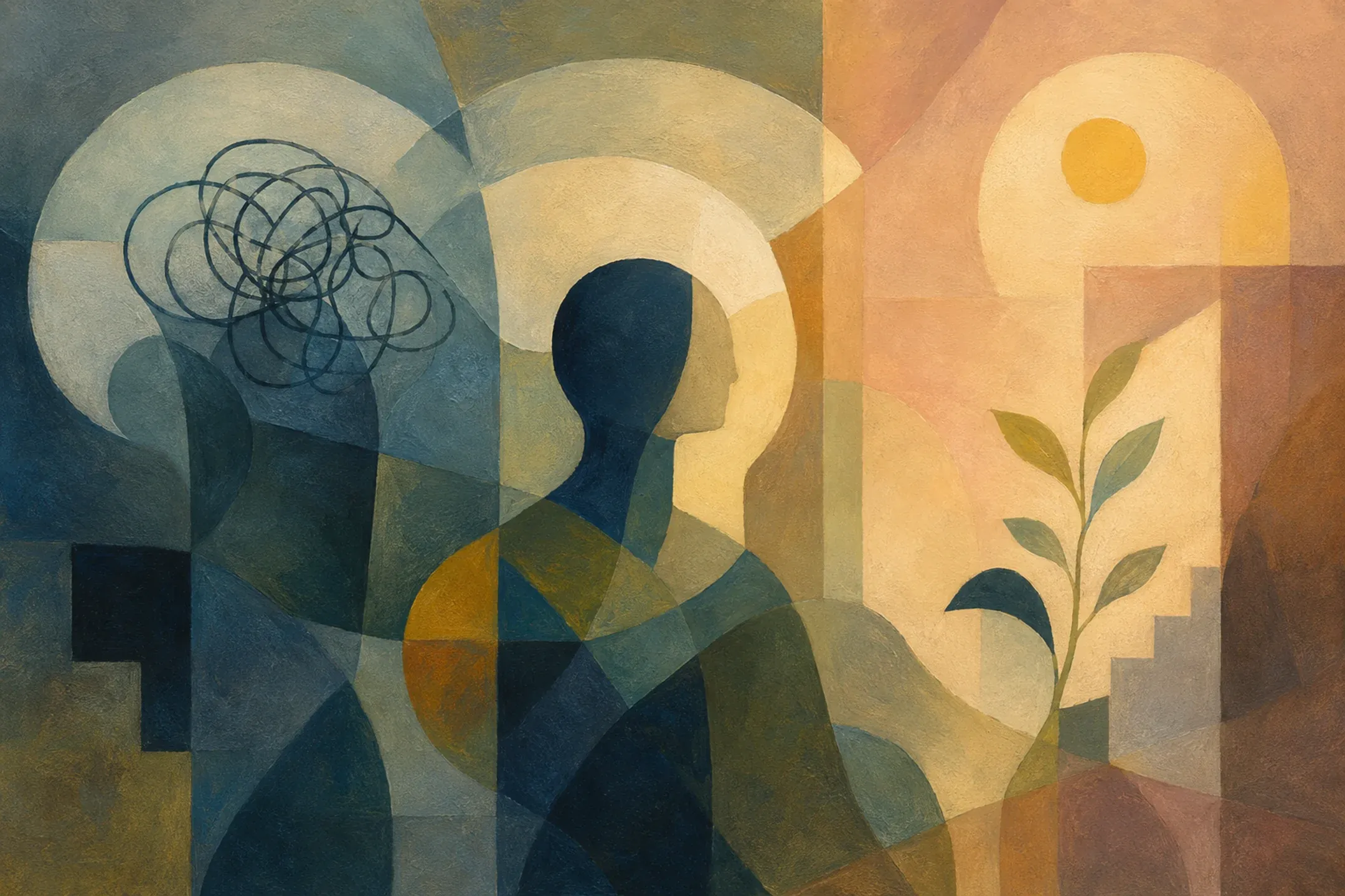 Ilustración cubista abstracta de una figura humana central entre formas enredadas oscuras y un espacio cálido con una planta y una abertura luminosa.