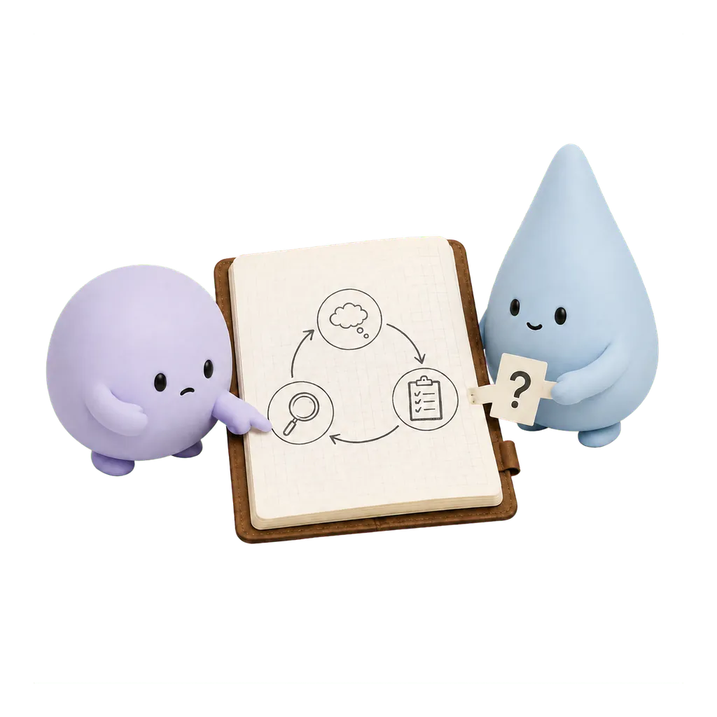 Las mascotas lila y azul observan un esquema del ciclo obsesivo y una tarjeta con un signo de interrogación.