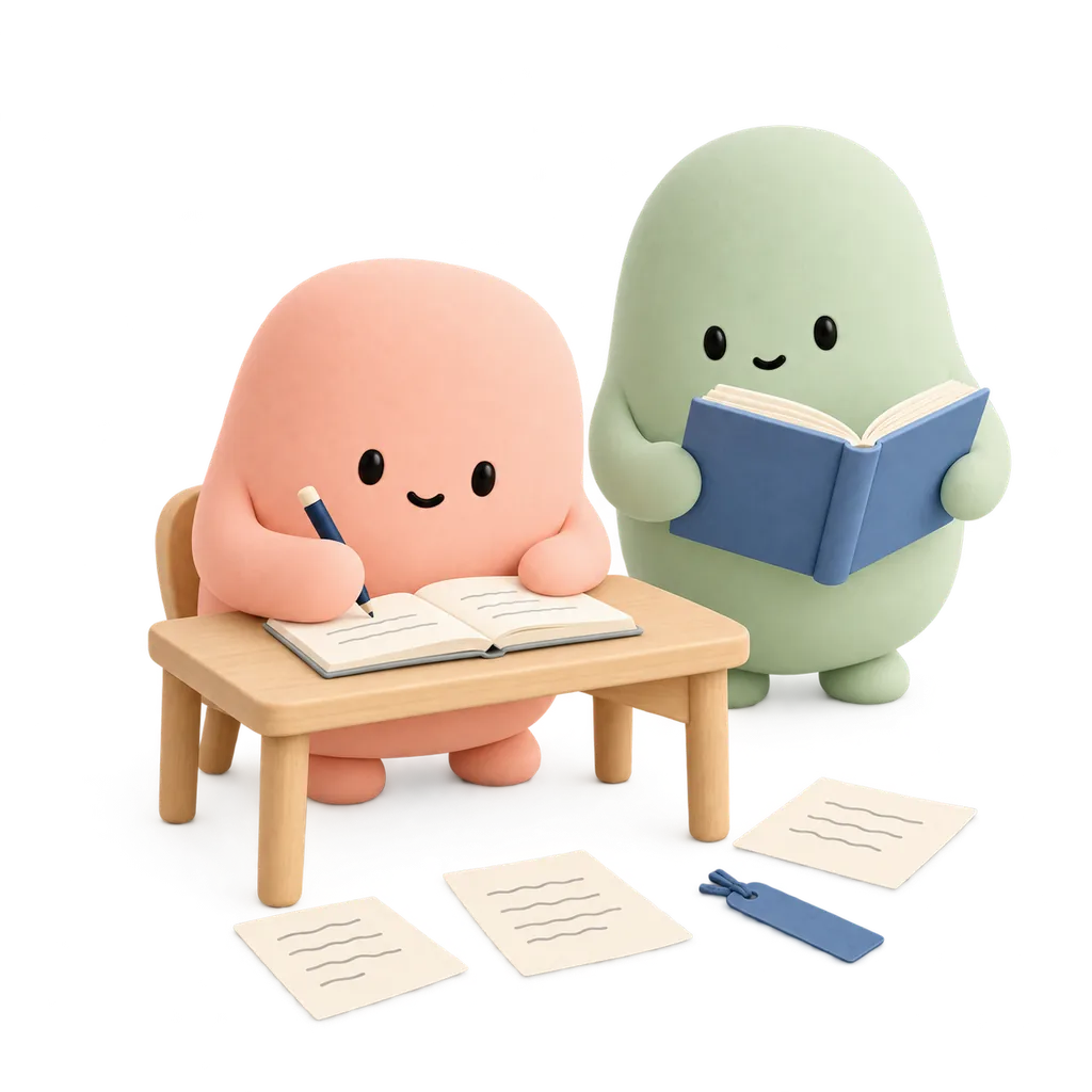 Mascota coral escribe en un cuaderno mientras la mascota verde consulta un libro.