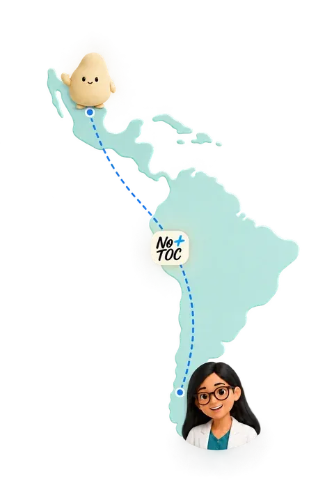 Mascota crema y psicóloga en puntos distantes de Latinoamérica, conectadas por una línea a través del logo de No + TOC