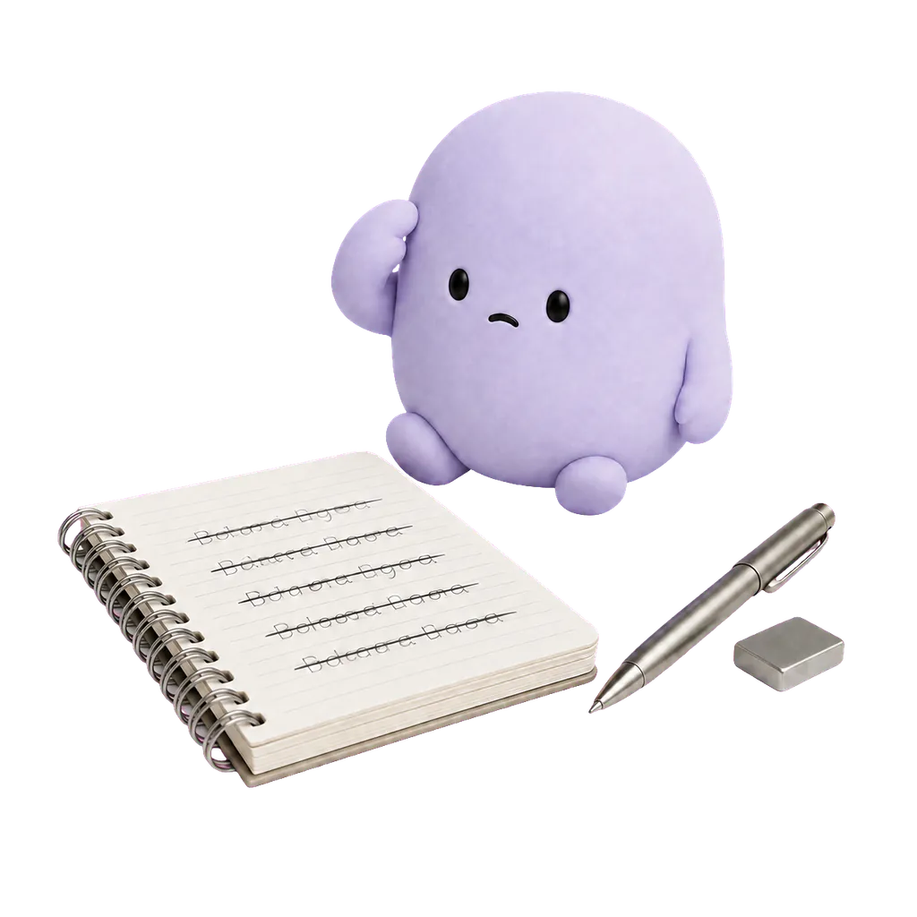 Mascota lila repasa mentalmente unas notas repetidas.
