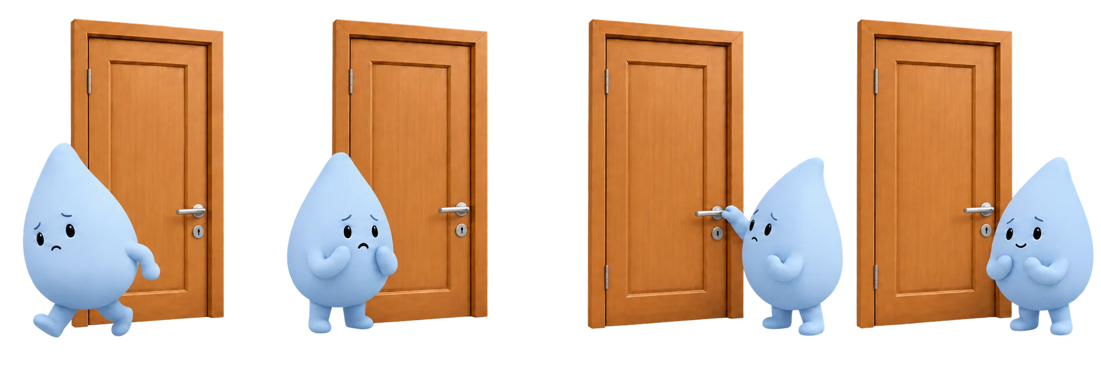 Cuatro escenas consecutivas de una mascota azul junto a una puerta: duda al alejarse, siente angustia, comprueba la manilla y experimenta alivio temporal.