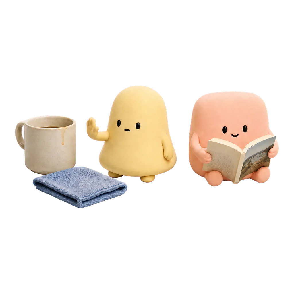 La mascota amarilla deja una taza sin volver a limpiarla mientras la coral continúa leyendo.