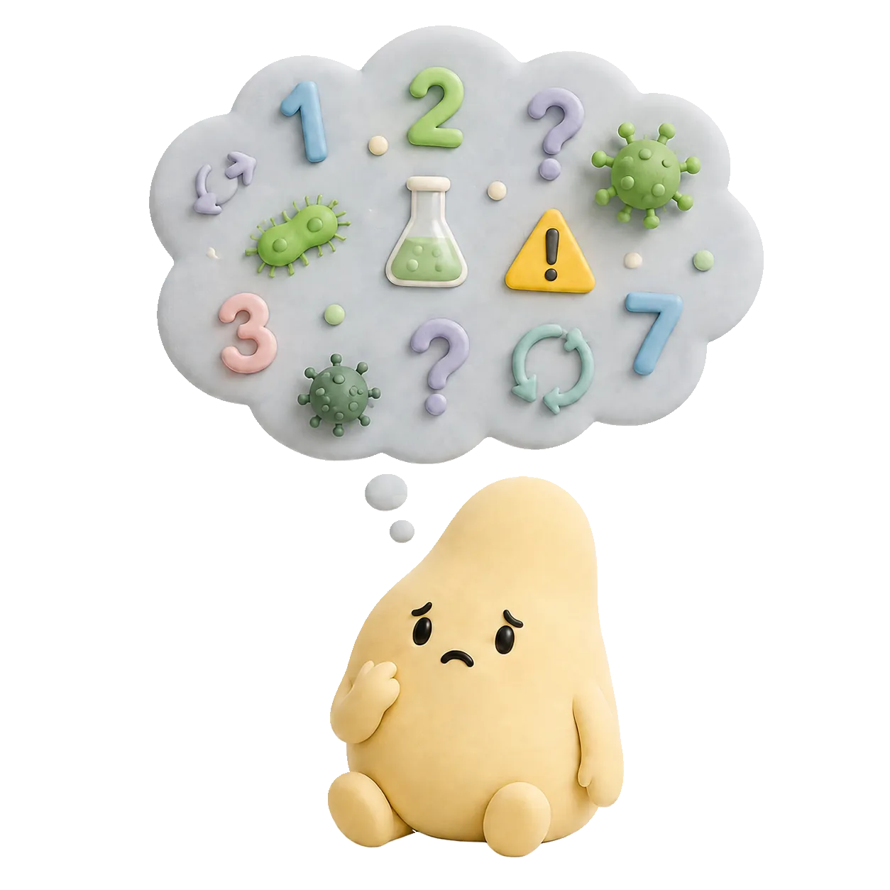 Mascota crema 3D preocupada bajo una nube de pensamientos con números, gérmenes, virus, símbolos de toxicidad e interrogaciones