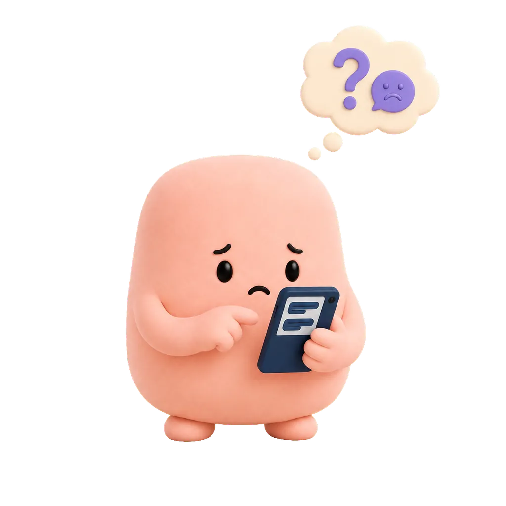 Mascota coral preocupada relee un mensaje en su celular mientras imagina una reacción negativa