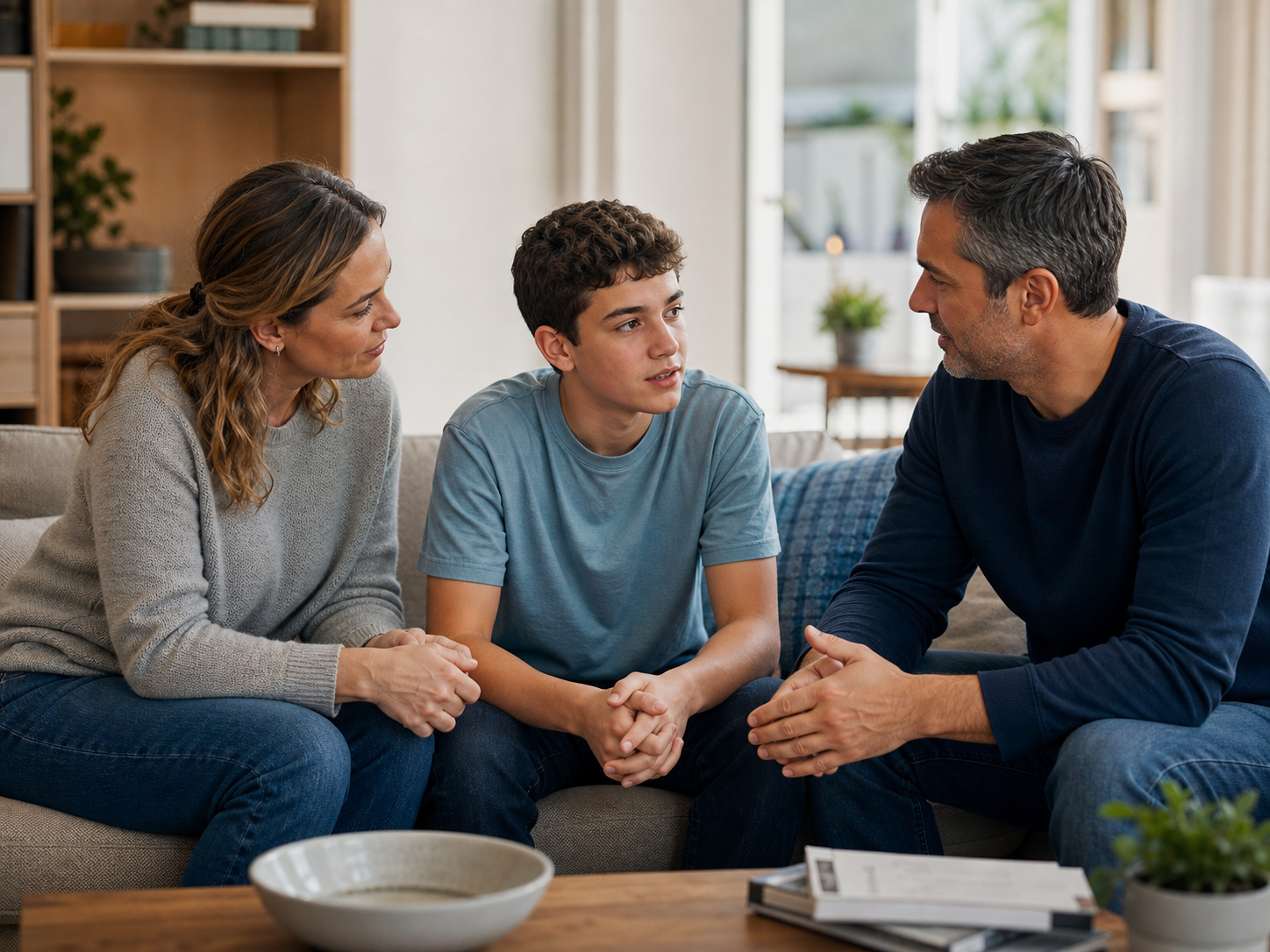 Adolescente conversa con sus padres en un entorno tranquilo