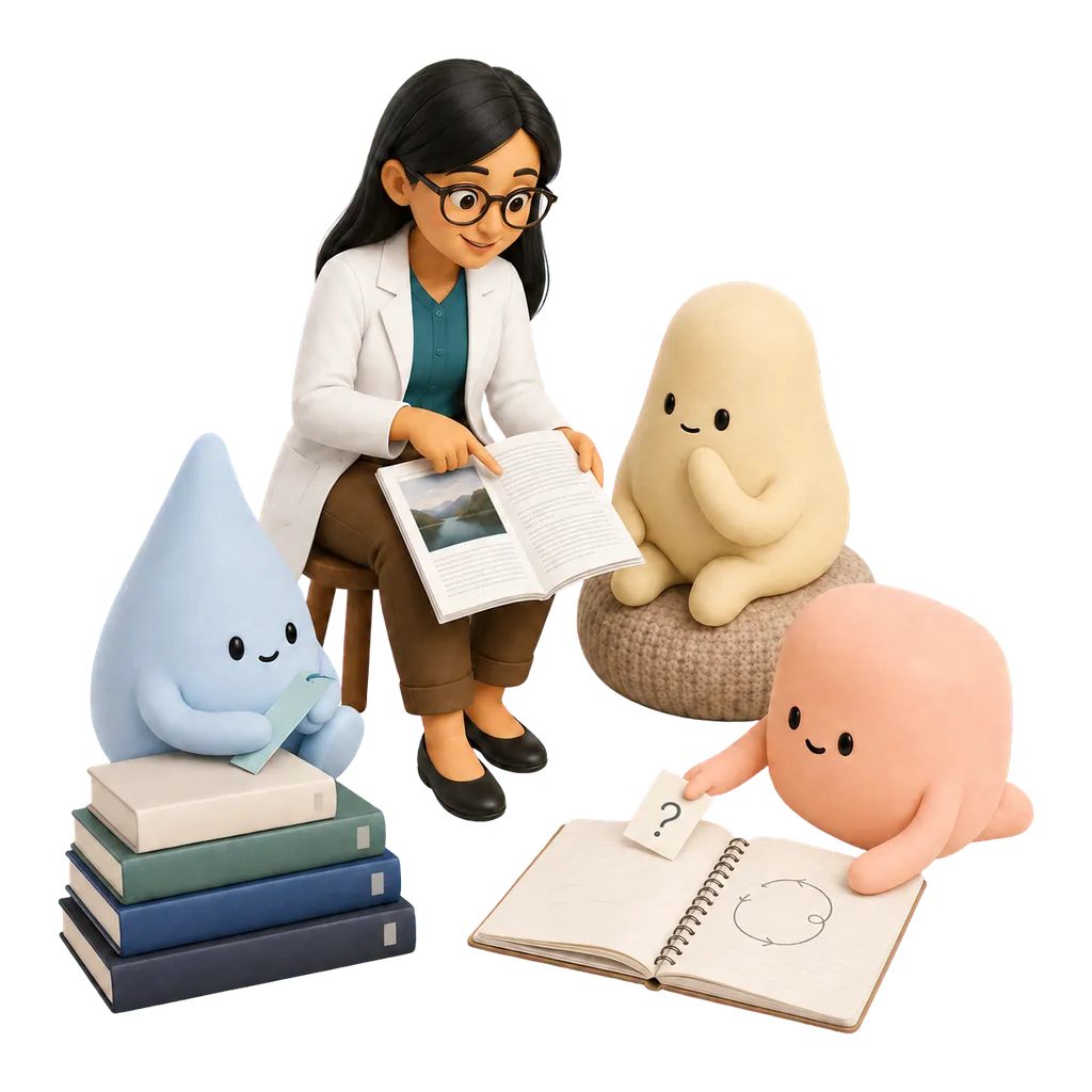 La psicóloga y las mascotas crema, azul y coral leen y comentan artículos sobre el TOC.