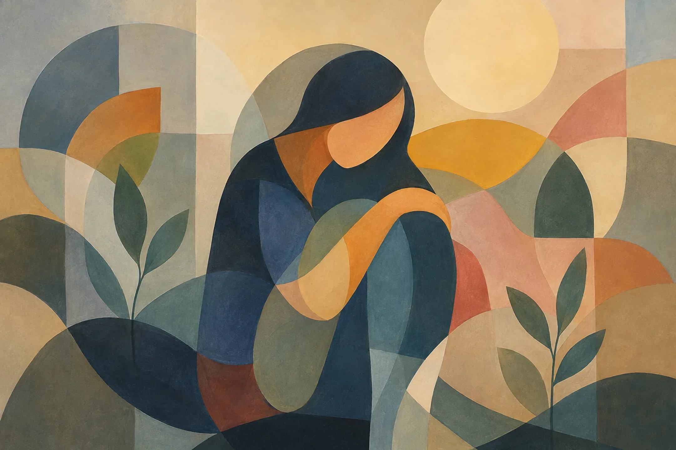 Ilustración cubista de una figura humana sin rostro, recogida con calma entre formas geométricas y orgánicas que sugieren retrocesos, continuidad y esperanza realista.