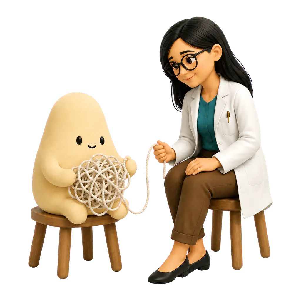 La mascota crema empieza a explicar una experiencia difícil mientras la psicóloga la escucha.
