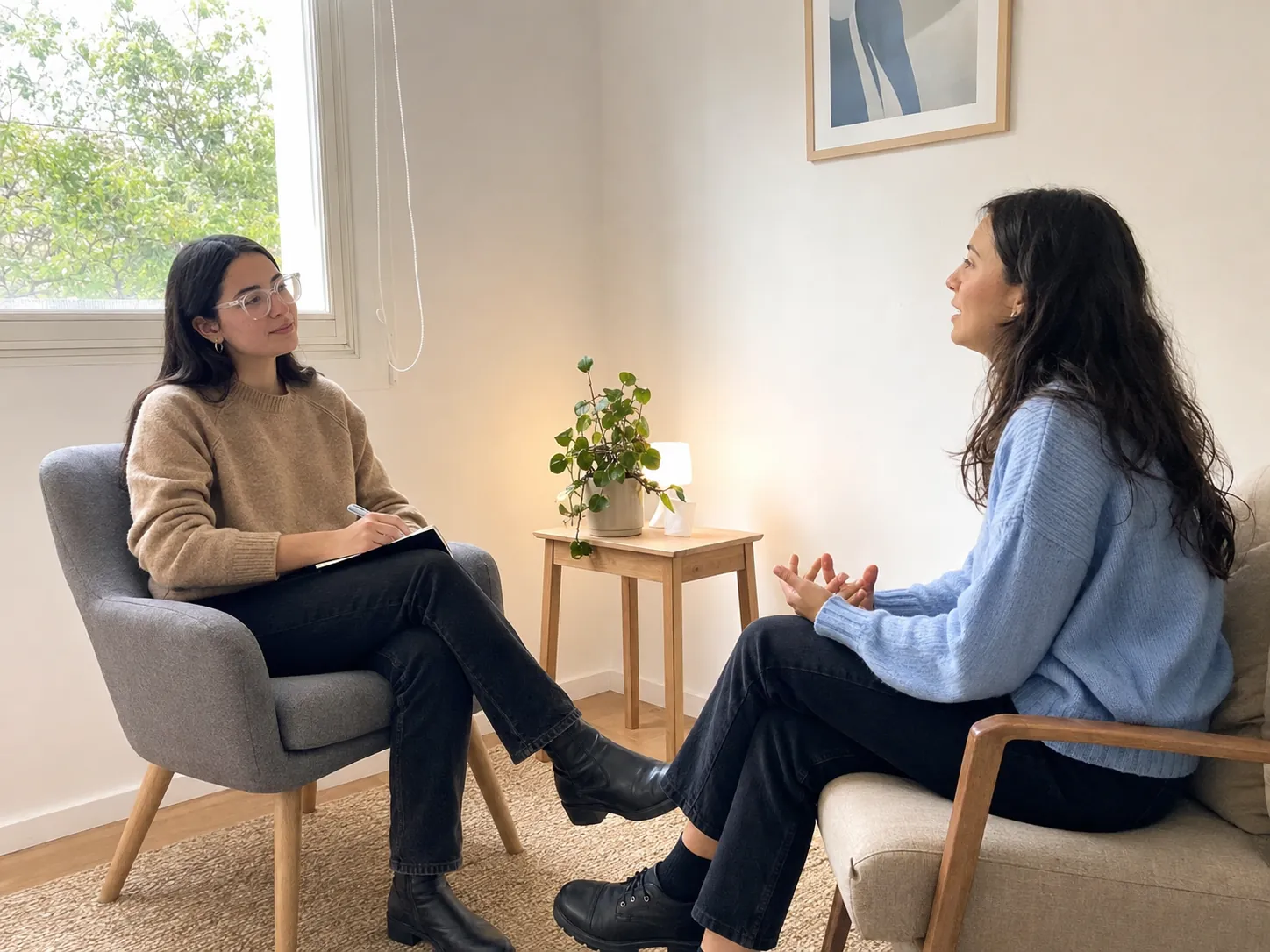 Psicóloga conversa con una paciente adulta en un consultorio de salud mental