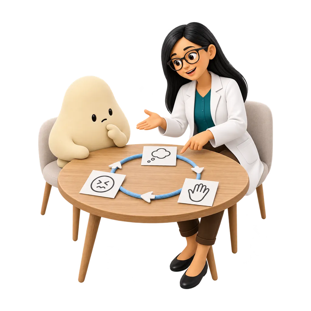 La psicóloga explica a la mascota crema el ciclo de pensamientos, malestar y rituales con un esquema sobre una mesa.