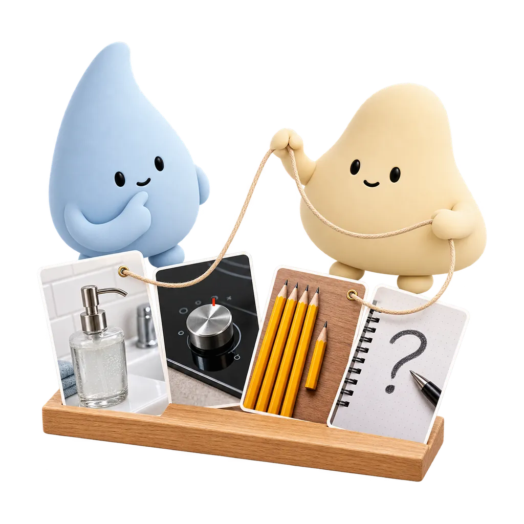 Las mascotas azul y crema observan situaciones de limpieza, comprobación, orden y duda conectadas por un mismo ciclo.
