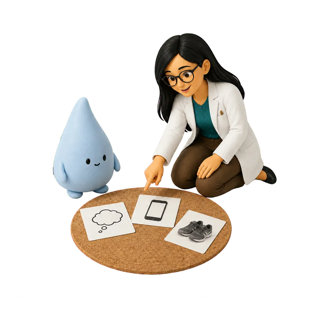 La mascota azul y la psicóloga organizan ejemplos cotidianos para comprender qué trabajar en terapia.
